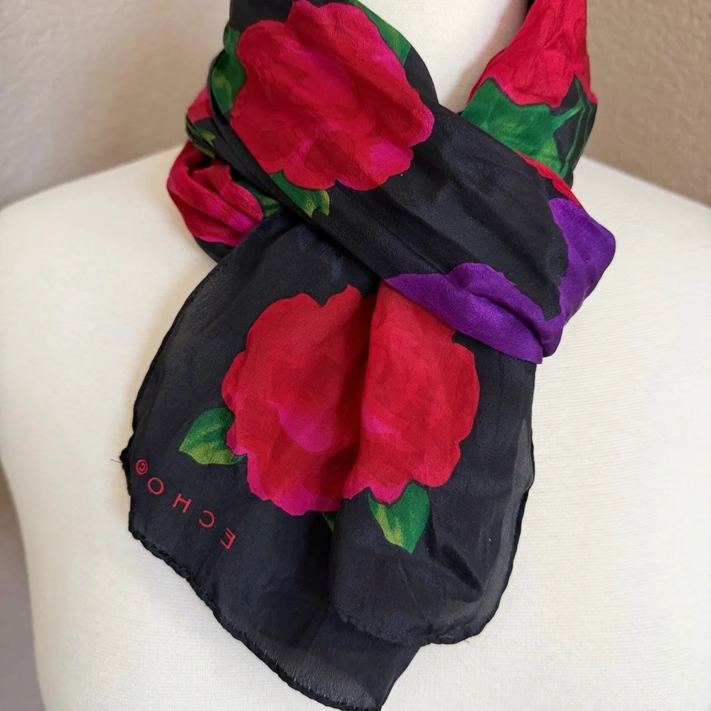 Vintage Echo  Silk Floral Scarf Black Red Purple Roses 10” x 55”